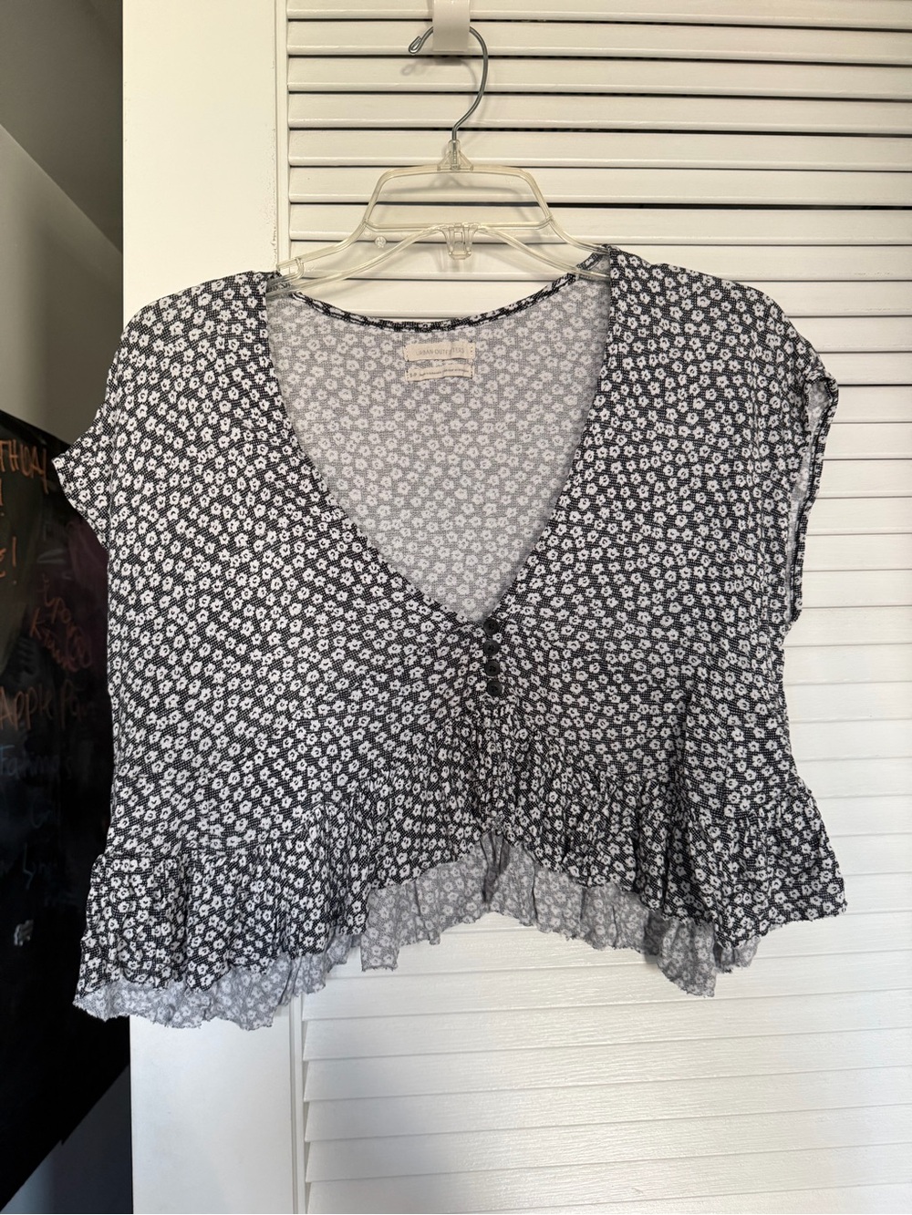 Urban Outfitters Black & White Floral V-Neck Ruffle Crop Top